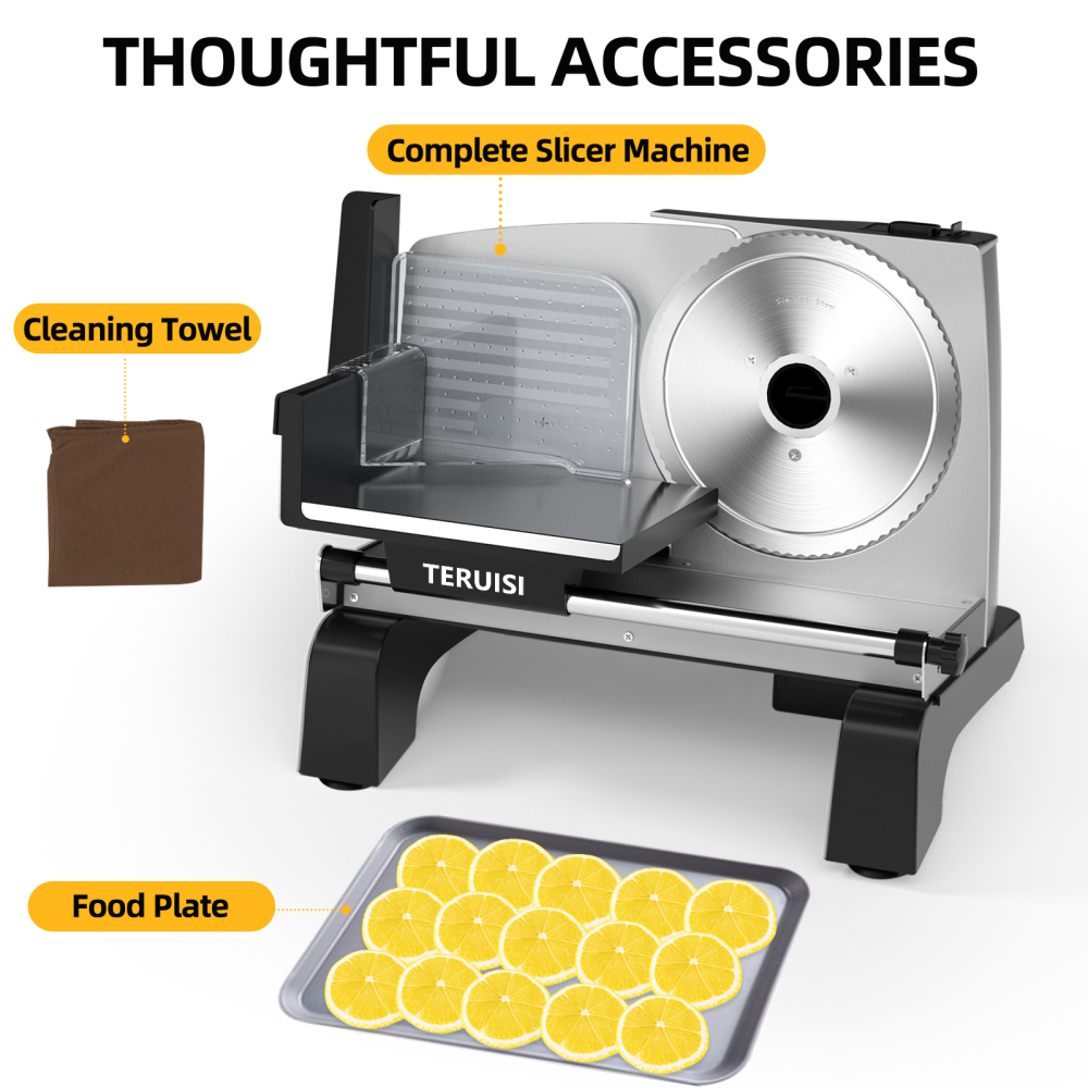 Electric Meat Slicer, 200W 110V Food Slicer with 2 Stainless Steel 7.5" Blades, 0-18mm Adjustable Thickness, Meat Cutter Machine with Food Tray, Towel for Home Use, Fruit, Bread, Cheese