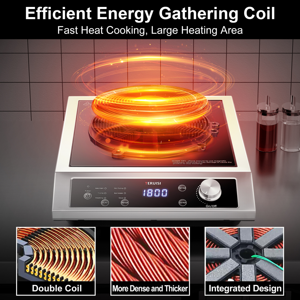Induction Cooktop Commercial, 1800W Electric Stove with 18/10 Stainless Steel, 4 Hours Timer, 6 Preset Functions, 8 Temp/Power Levels, Portable Countertop Burner for RV Home Kitchen