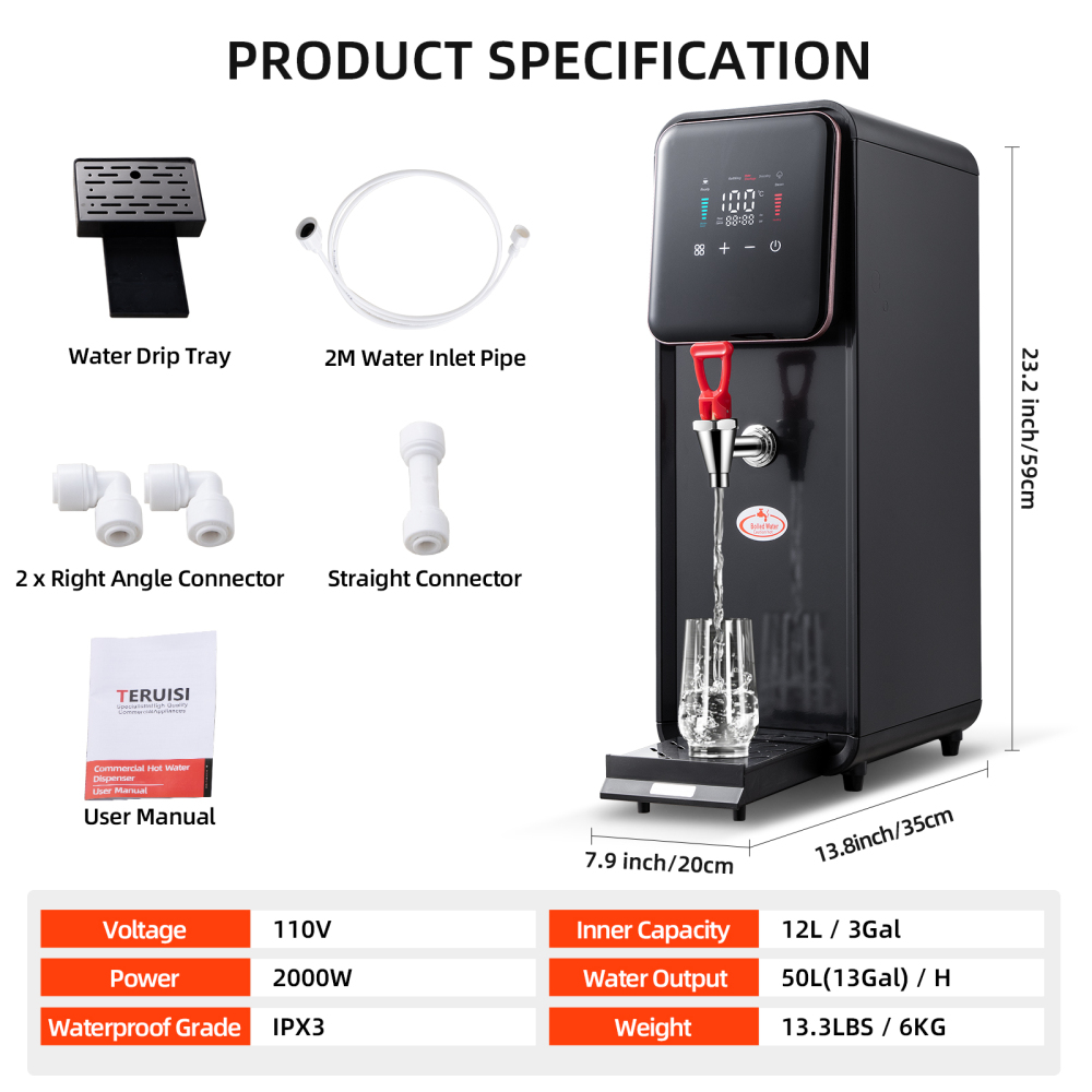 Hot Water Dispenser, 2000W Commercial Hot Water Boiler, 50L(13Gal)/H Large Hot Beverage Dispenser with 304 Stainless Steel Inner, HD LED Screen for Hotels, Restaurants, Bars 12L