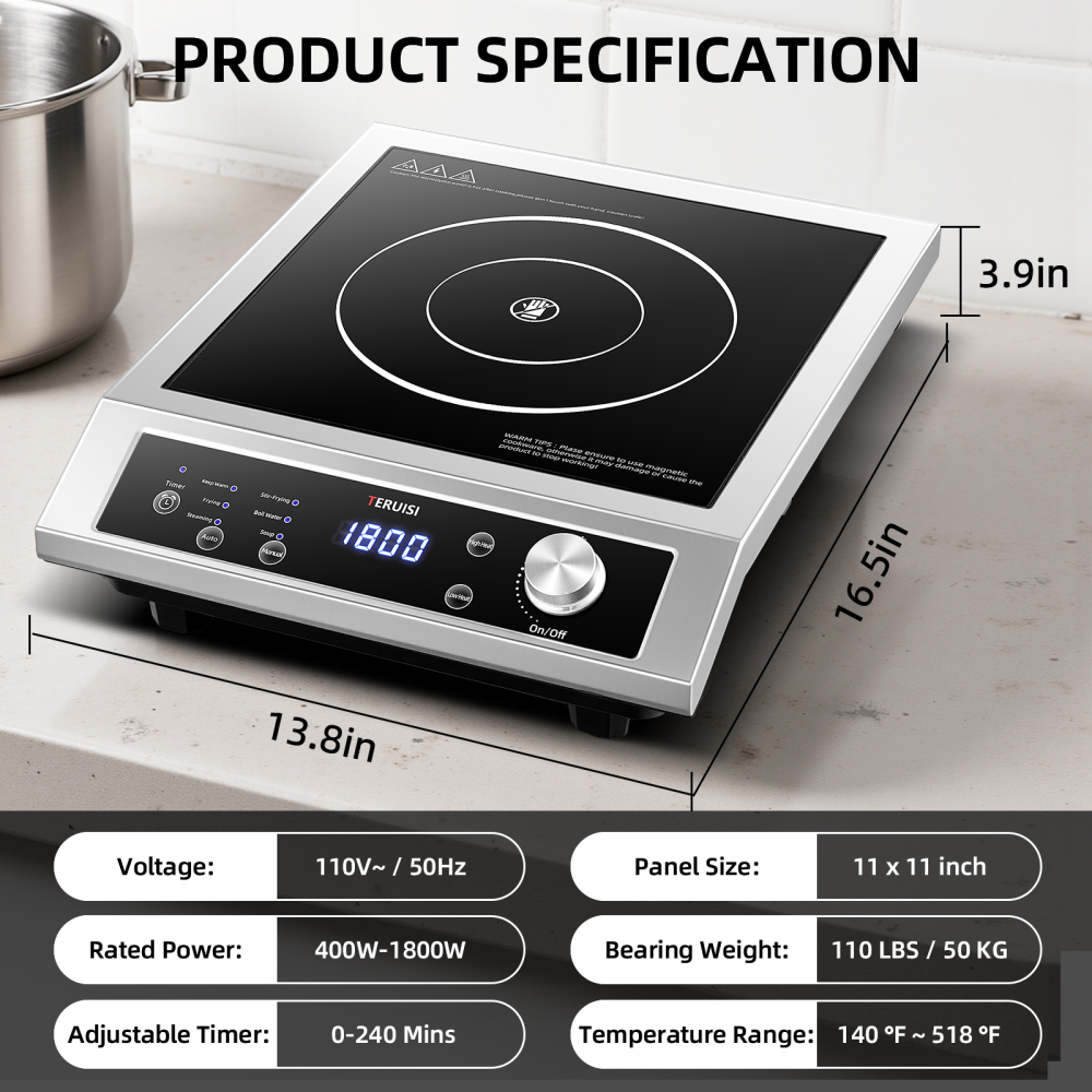 Induction Cooktop Commercial, 1800W Electric Stove with 18/10 Stainless Steel, 4 Hours Timer, 6 Preset Functions, 8 Temp/Power Levels, Portable Countertop Burner for RV Home Kitchen