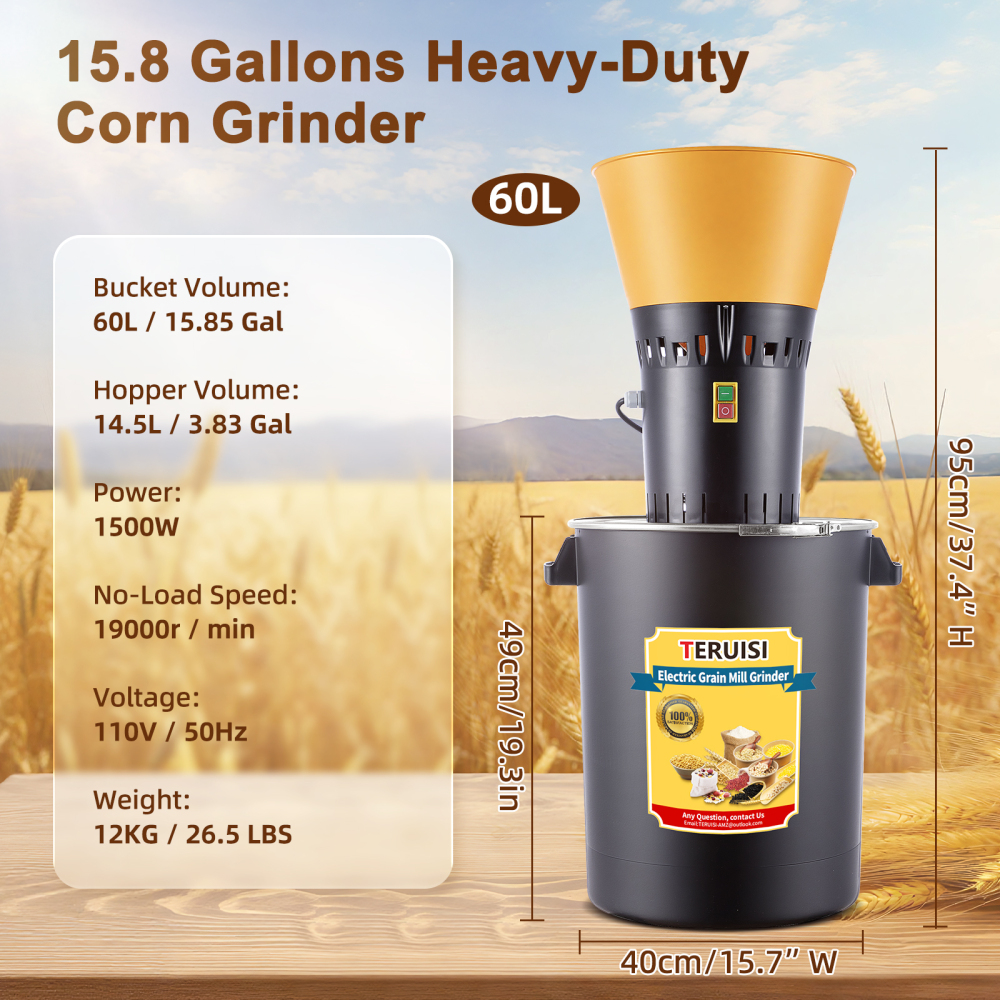 Grain Mill Grinder, 15.8 Gallons Electric Grain Mill Corn Grinder, 1500W Dust-Free Dry Cereals Grinders with Detachable Hopper & 5 Size Sieves for Farm Home Wheat Spice Rice Feed Flour (60L)