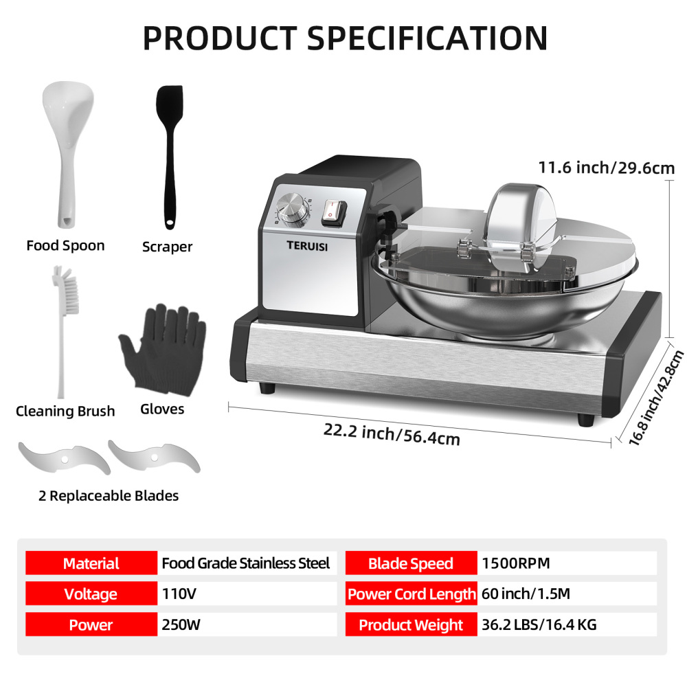 TERUISI Commercial Food Processor, 250W Heavy Duty Electric Meat Grinders with 1500RPM Blade Speed, 6QT Stainless Steel Food Bowl and 0-15 Mins Timer, Commercial Vegetable Chopper Food Mixer Machine