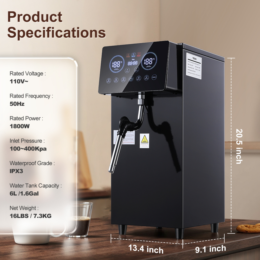 Commercial Milk Frother, 1800W Automatic Steam Machine, 6L/1.6Gal Electric Coffee Milk Foamer Stainless Steel Frother with LED Display & Adjustable Temperature for Café Shop Hotel