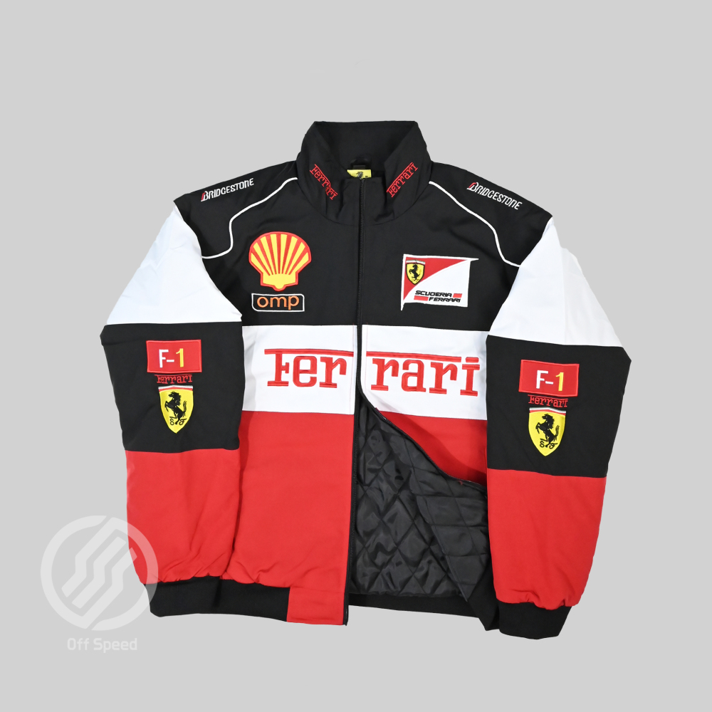 F1 Ferrari Embroidered Vintage Racing Jacket White-Red-Black