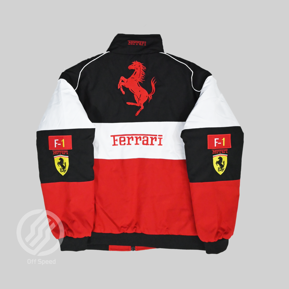 F1 Ferrari Embroidered Vintage Racing Jacket White-Red-Black