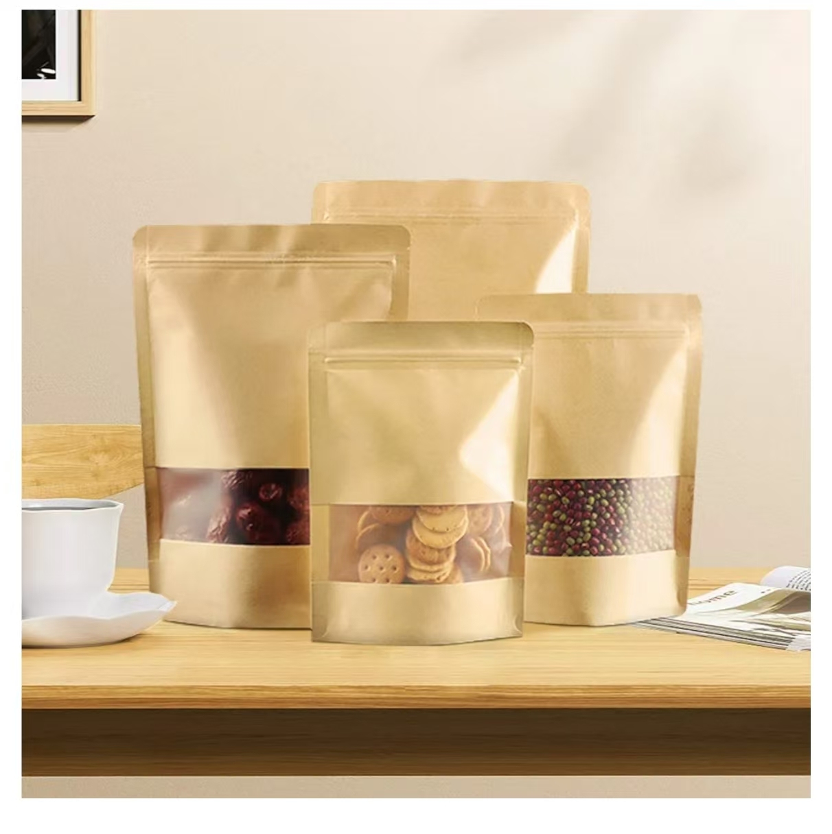 Stand-Up Reusable Sealable Zipper Food Storage Bags with Matte Windows for Product Packaging (Customization available)