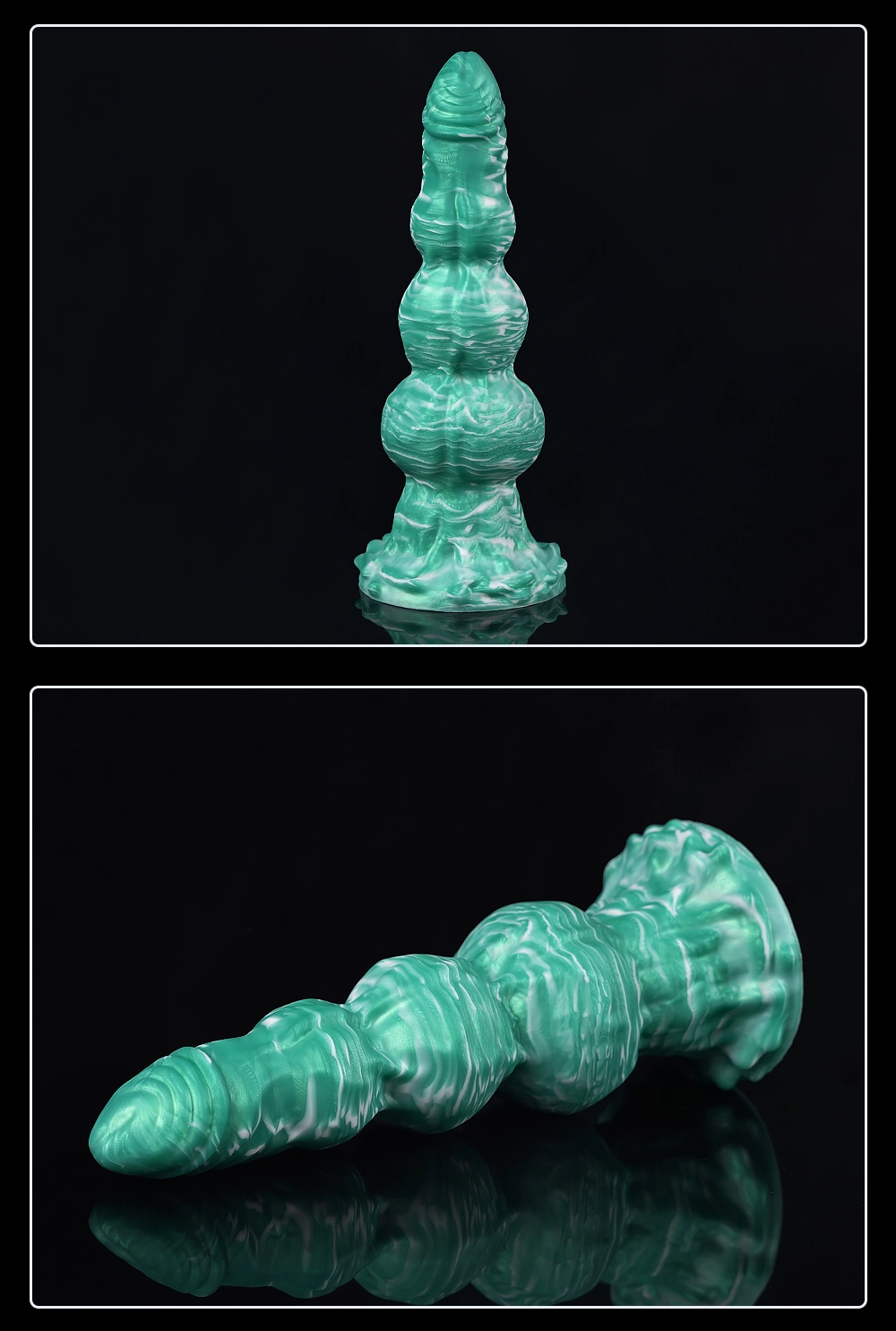 Close view of the liquid silicone surface and luminous finish on the Luminous Dog Series dildo