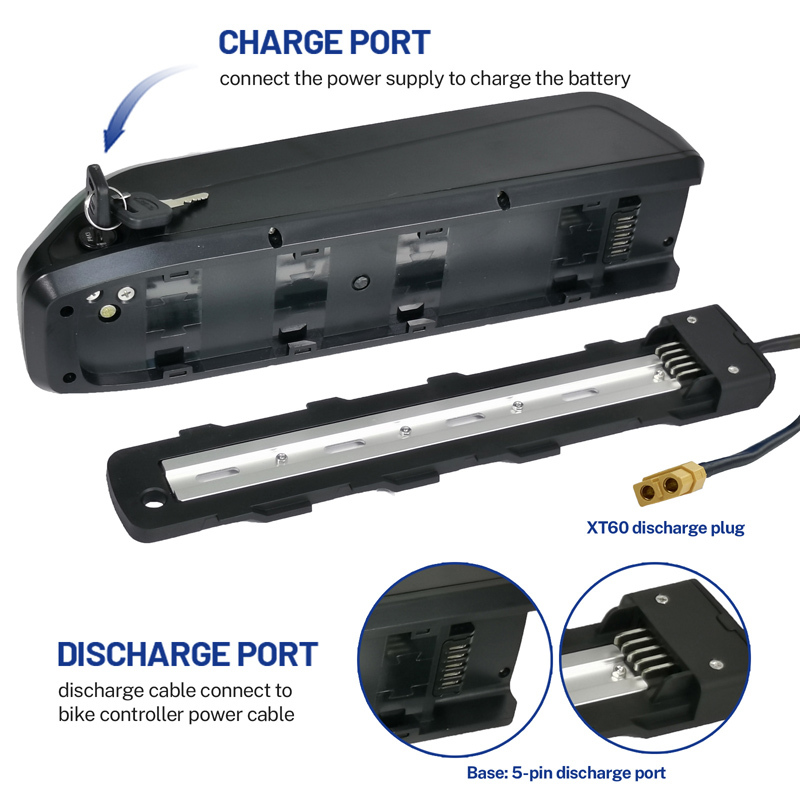 36V 48V 52V Lithium Ebike Battery Down Tube 350W 500W 750W 1000W 1500W Bicycle Motor Kit Electric Bike Battery with Charger 5Pins Base XT60 Discharge Port 30A BMS Hailong E-Bike Batteries