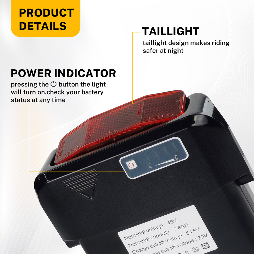 36V 48V Ebike Battery 10.5Ah 14Ah Lithium ion E-Bike Rear Rack Battery Replacement for Evelo Compass Adult Electric Bike Batteries Pack with Red Seat Post Reflector