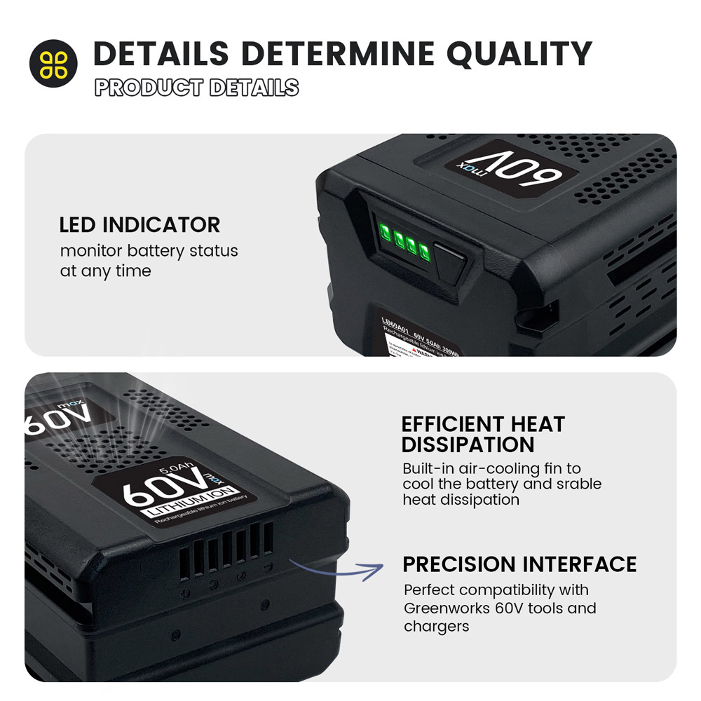 60V 5.0AH Ultra Power Battery Compatible with Greenworks Max 60V Battery for B60A03 LB60A02 LB60A00 75 Tools Maximum Performance 60 Volt Cordless Power Tool Batteries