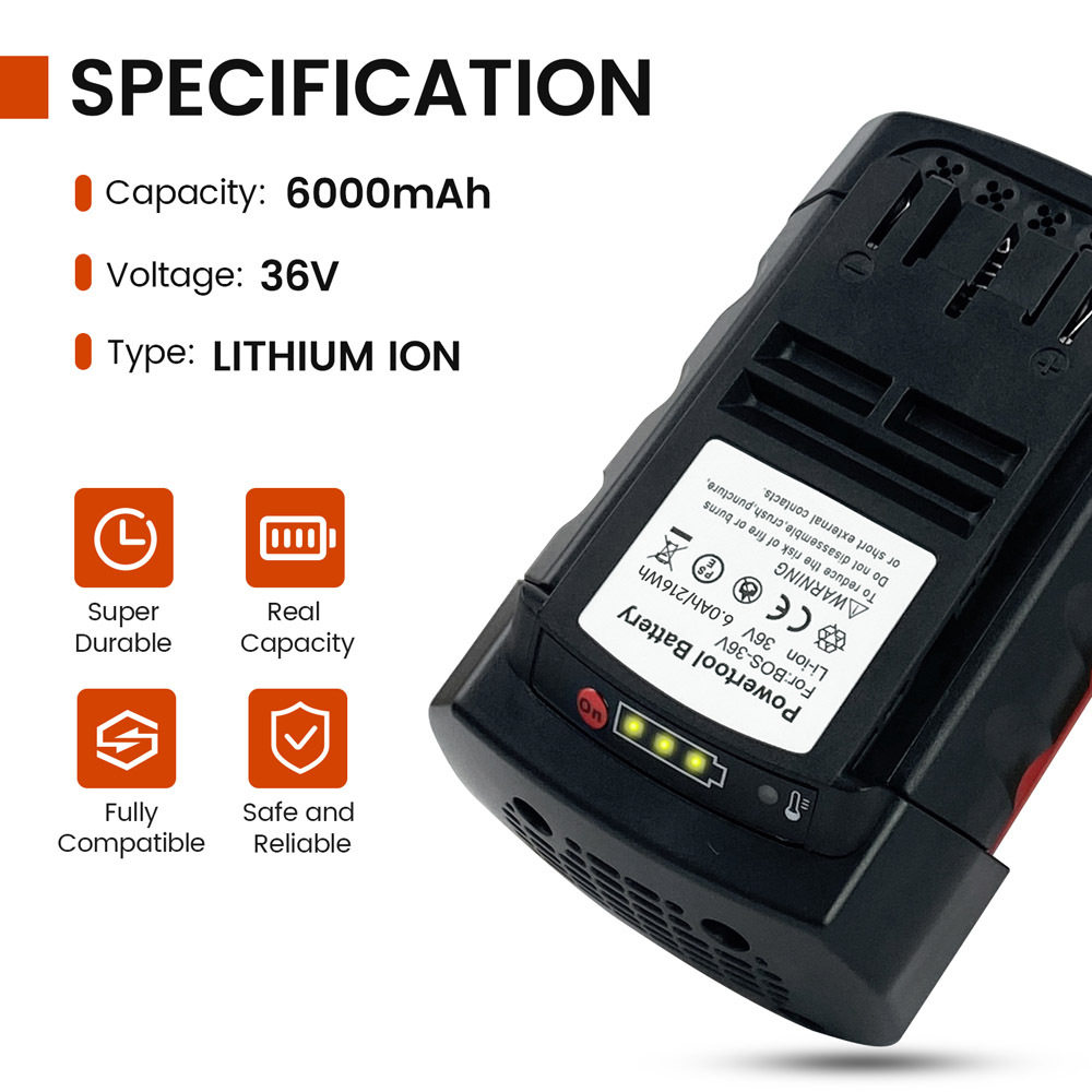 6.0Ah BOS36A Li-ion 36 Volt Battery Replacement Compatible with Bosch 36V Battery fit for BAT810 BAT836 BAT840 BAT840D GBH36VF-Li GKS36V-LI GSA36V-LI GSB36V-Li Cordless Power Tools