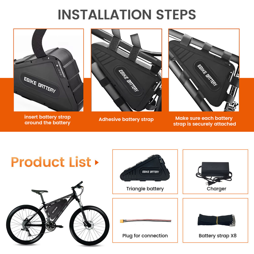 Factory Customized Ebike Battery 36v 48v 52v 60v 72v 15Ah 20Ah 25Ah 30Ah 18650 Lithium Rechargeable Battery 1000W 1500W 2000W Electric Bike Batteries Kit Bicycle Triangle Battery
