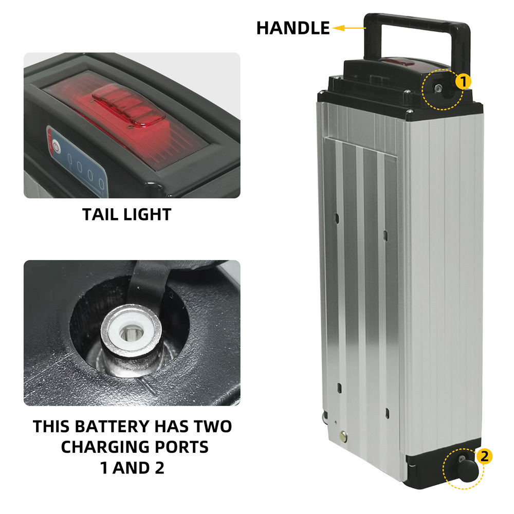 36V 48V 21Ah 27Ah Rear Rack Ebike Battery for Max 1000W Electric Bicycle Silver Luggage Rack Batteries Replacement 500W 750W 1000W E-Bikes High Capacity Grade a Lithium Battery with E Bike Charger