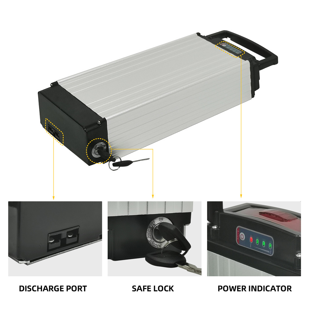 36V 48V 21Ah 27Ah Rear Rack Ebike Battery for Max 1000W Electric Bicycle Silver Luggage Rack Batteries Replacement 500W 750W 1000W E-Bikes High Capacity Grade a Lithium Battery with E Bike Charger