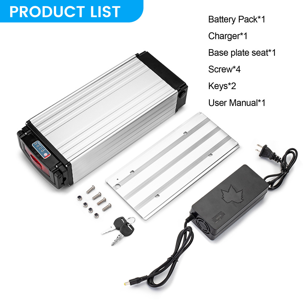 36V 48V 21Ah 27Ah Rear Rack Ebike Battery for Max 1000W Electric Bicycle Silver Luggage Rack Batteries Replacement 500W 750W 1000W E-Bikes High Capacity Grade a Lithium Battery with E Bike Charger