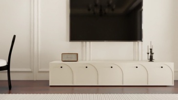 Cream style curved door TV cabinet: simple and healing, gentle balance between living room storage and appearance