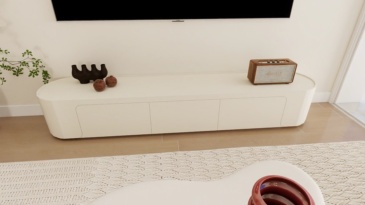 Modern minimalist living room: baked paint technology TV cabinet and artistic coffee table