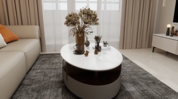 Minimally elliptical rock coffee table with wood grain splicing design