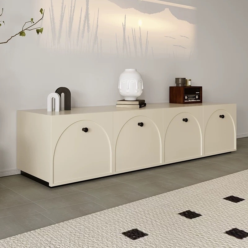 Cream style curved door TV cabinet: simple and healing, gentle balance between living room storage and appearance