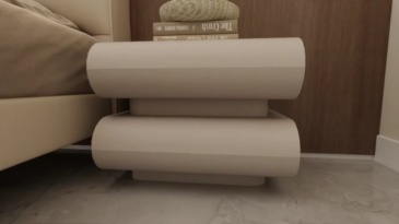 Italian minimalist cream style bedside table, rounded curves and leather texture create a warm bedroom atmosphere