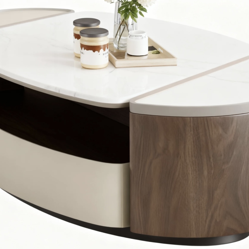 Minimally elliptical rock coffee table with wood grain splicing design