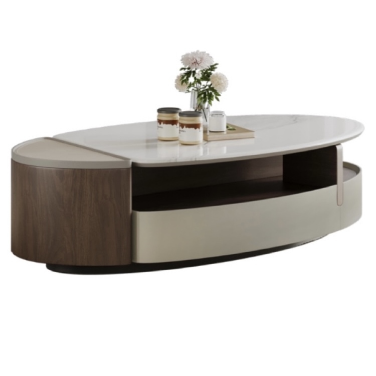 Minimally elliptical rock coffee table with wood grain splicing design
