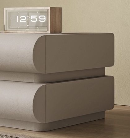 Italian minimalist cream style bedside table, rounded curves and leather texture create a warm bedroom atmosphere