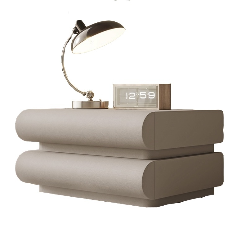 Italian minimalist cream style bedside table, rounded curves and leather texture create a warm bedroom atmosphere