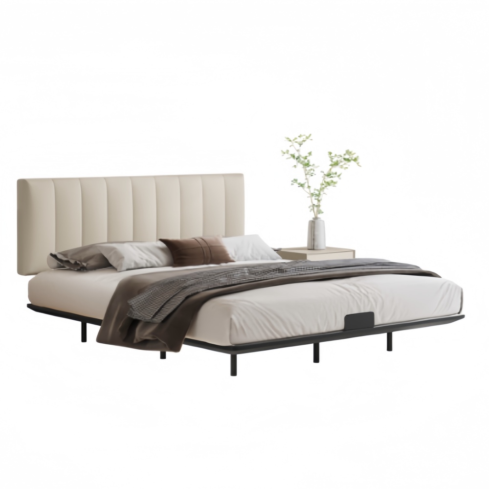 Simple and comfortable lychee patterned top layer yellow cowhide bed carbon steel structure edge bed