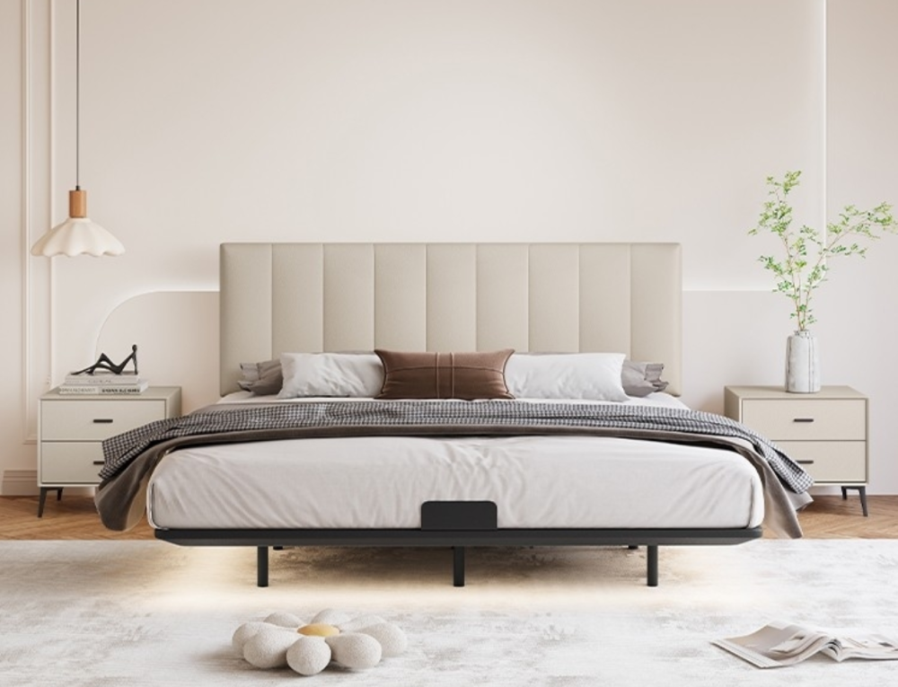 Simple and comfortable lychee patterned top layer yellow cowhide bed carbon steel structure edge bed