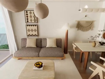 Suspended Wooden Sofa: When Grey Fabric Meets Natural Wood Texture