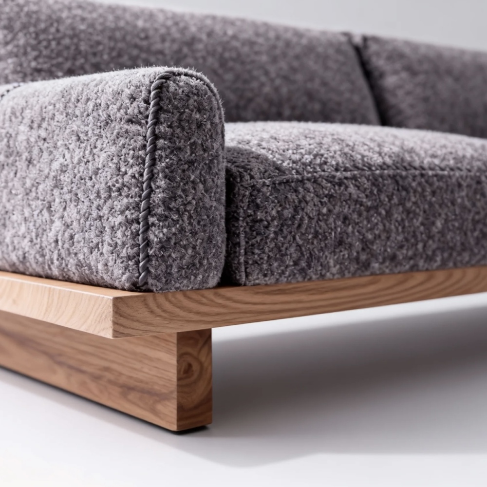 Suspended Wooden Sofa: When Grey Fabric Meets Natural Wood Texture