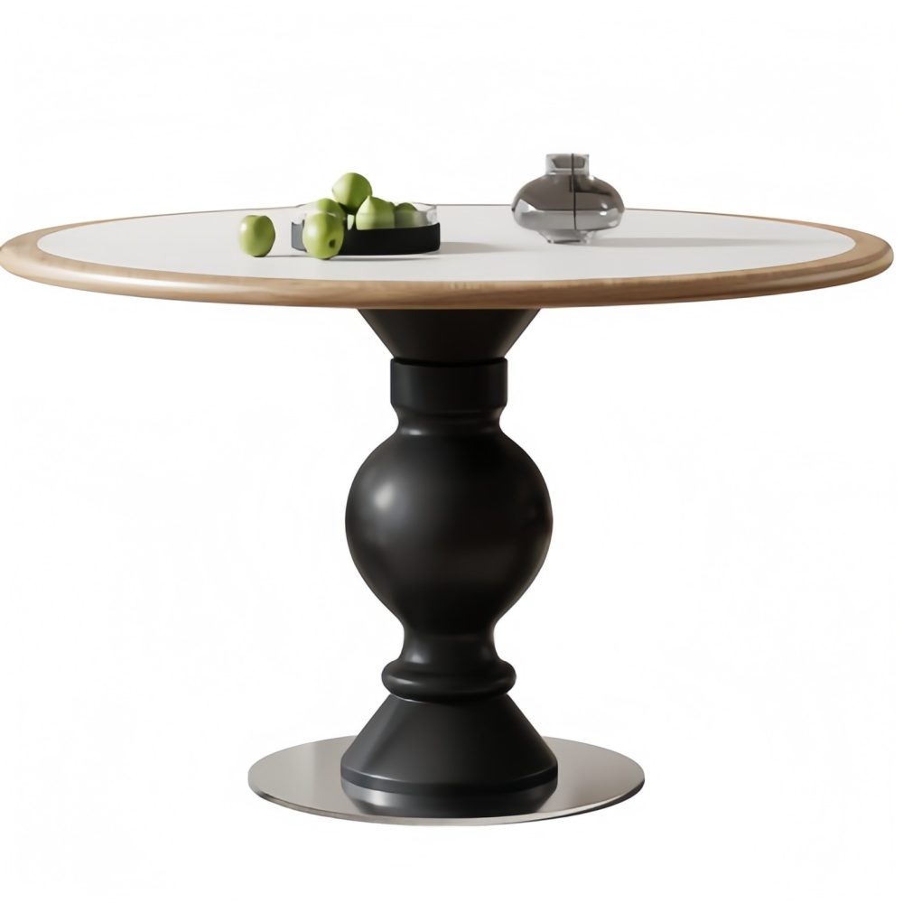 Black and white contrasting retro dining table: minimalist collision of solid wood edges and metal brackets