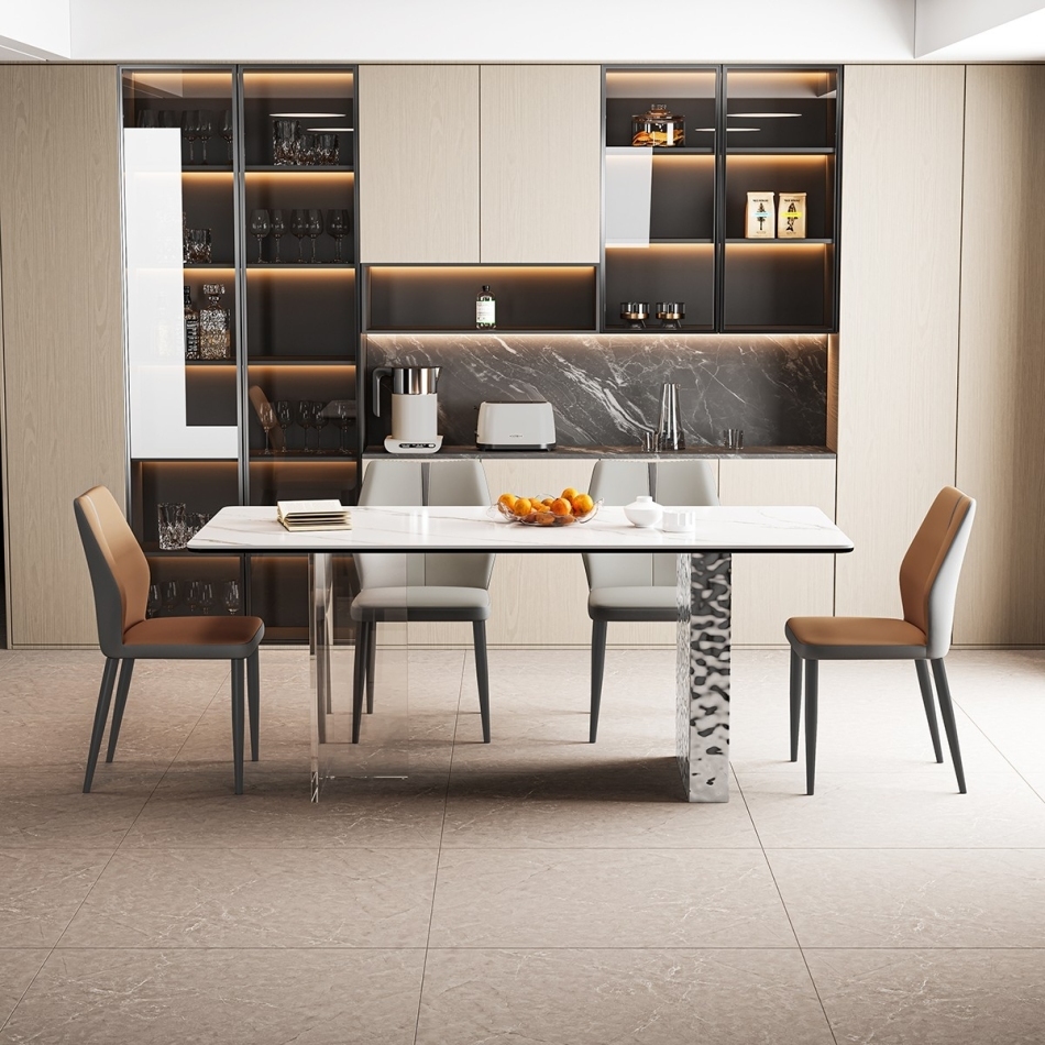 Extremely simple rock slab dining table: fusion of metal bracket and natural texture