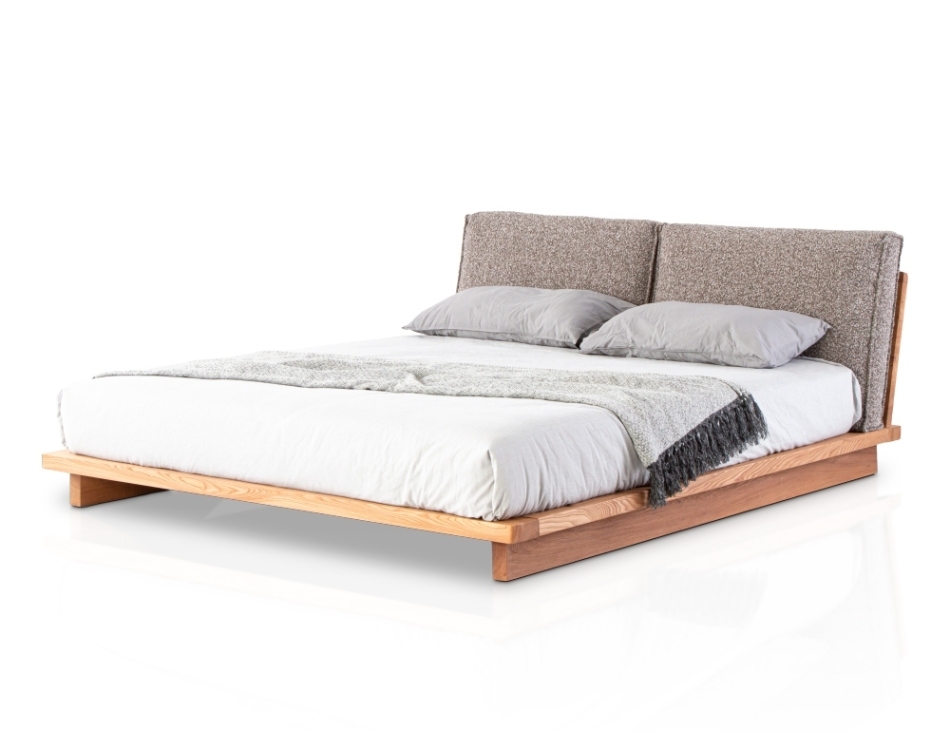 Japanese style low bed design: natural fusion of elm frame and cotton linen fabric