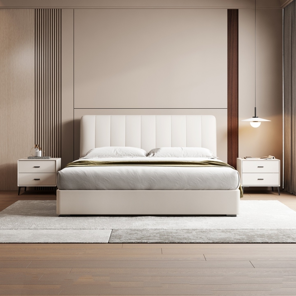 The collision of frame structure and leather texture: the lightweight aesthetics of light colored leather soft beds