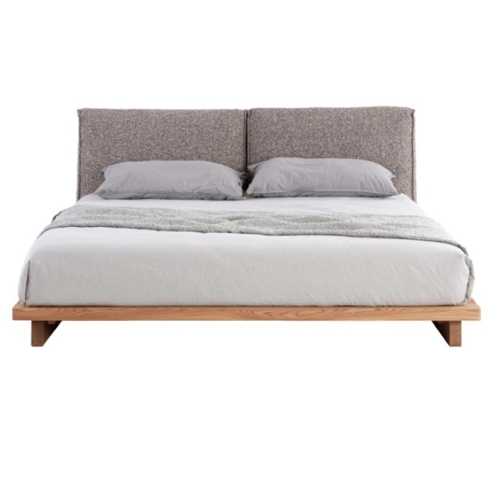 Japanese style low bed design: natural fusion of elm frame and cotton linen fabric