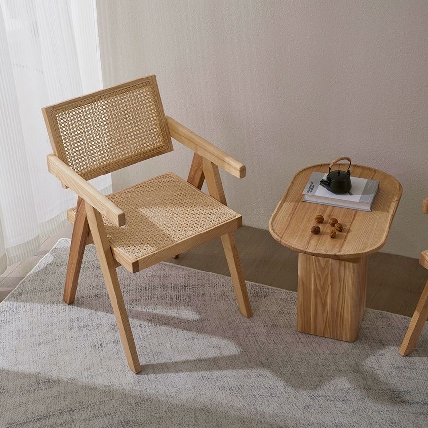 Wabi Sabi Wind Vine Weaving White Wax Wood Dining Chair: Natural Rhythm Designed by Chandigarh
