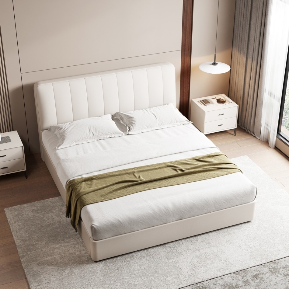 The collision of frame structure and leather texture: the lightweight aesthetics of light colored leather soft beds