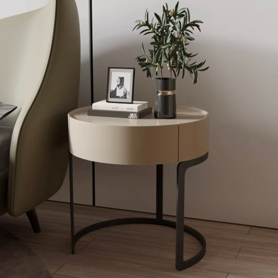 Curved countertop+metal bracket: the structural aesthetics of modern bedside tables