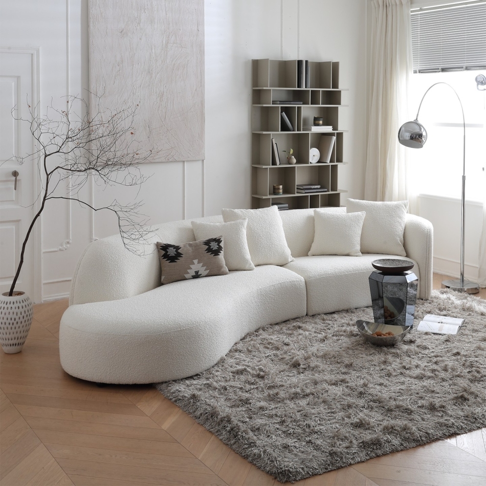 Curved fabric sofa: a gentle corner of modern minimalist living room