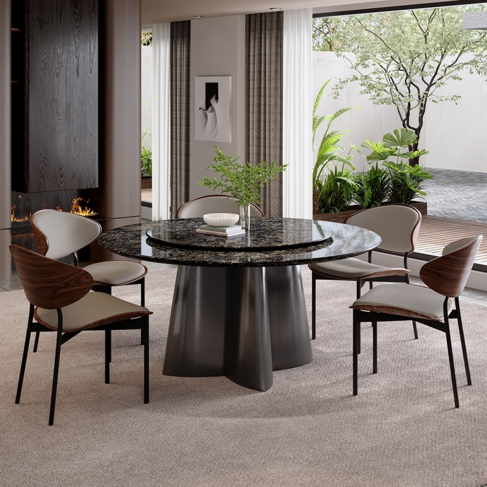 Circular countertop and black columnar base: the structural aesthetics of luxury stone dining tables