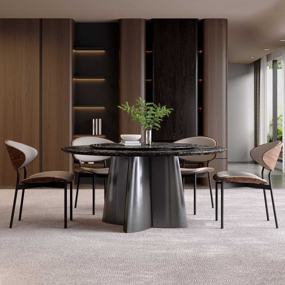 Circular countertop and black columnar base: the structural aesthetics of luxury stone dining tables