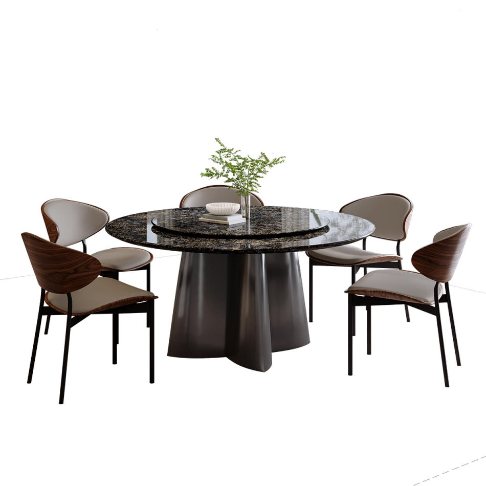 Circular countertop and black columnar base: the structural aesthetics of luxury stone dining tables