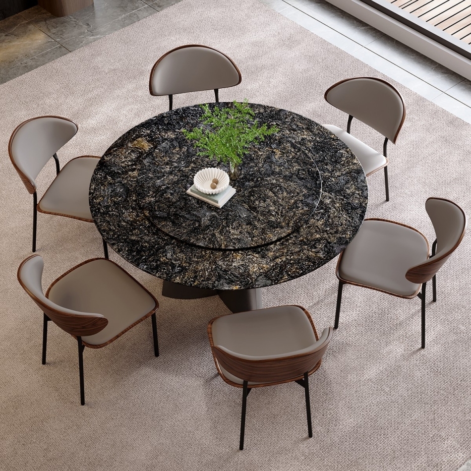 Circular countertop and black columnar base: the structural aesthetics of luxury stone dining tables