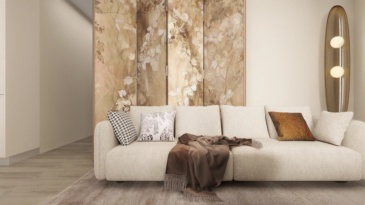 Modern minimalist living room: fabric sofa and artistic decoration