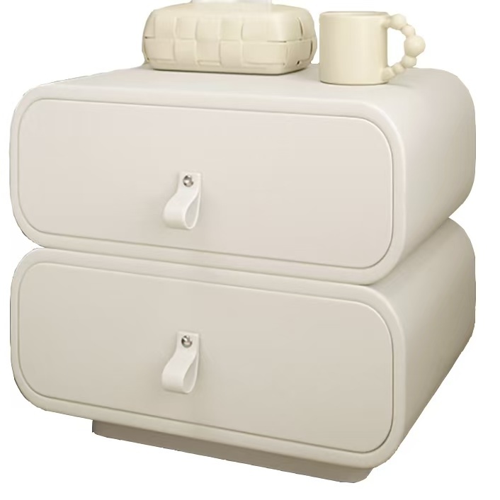 Modern minimalist bedside table: double drawer design, light luxury feeling fully pulled up