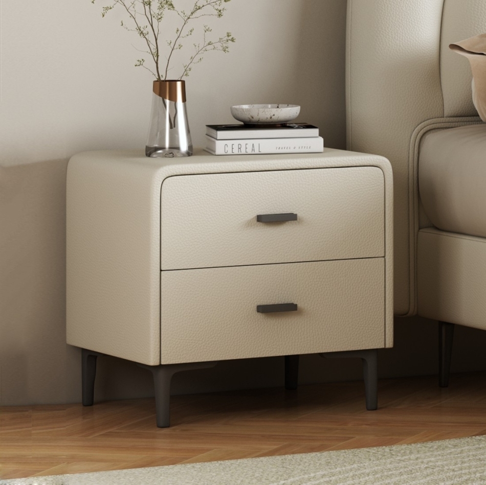 Bedroom storage aesthetics: practicality and elegance of double drawer leather bedside table