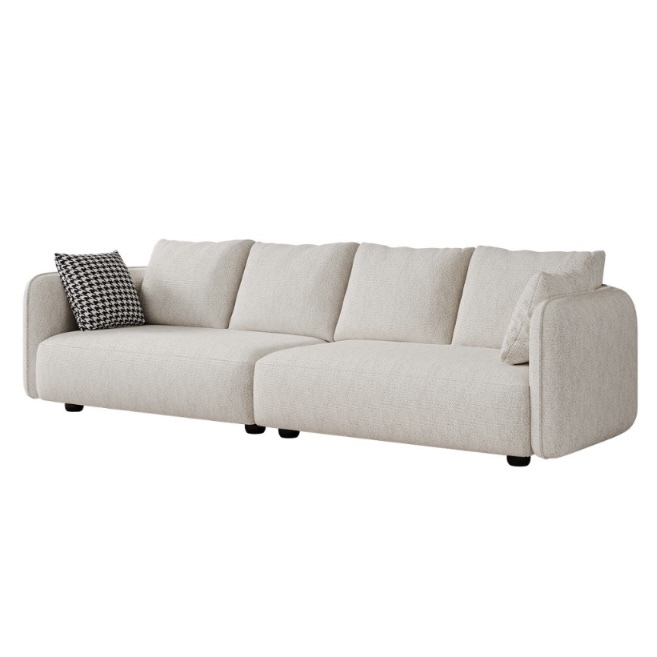 Modern minimalist living room: fabric sofa and artistic decoration
