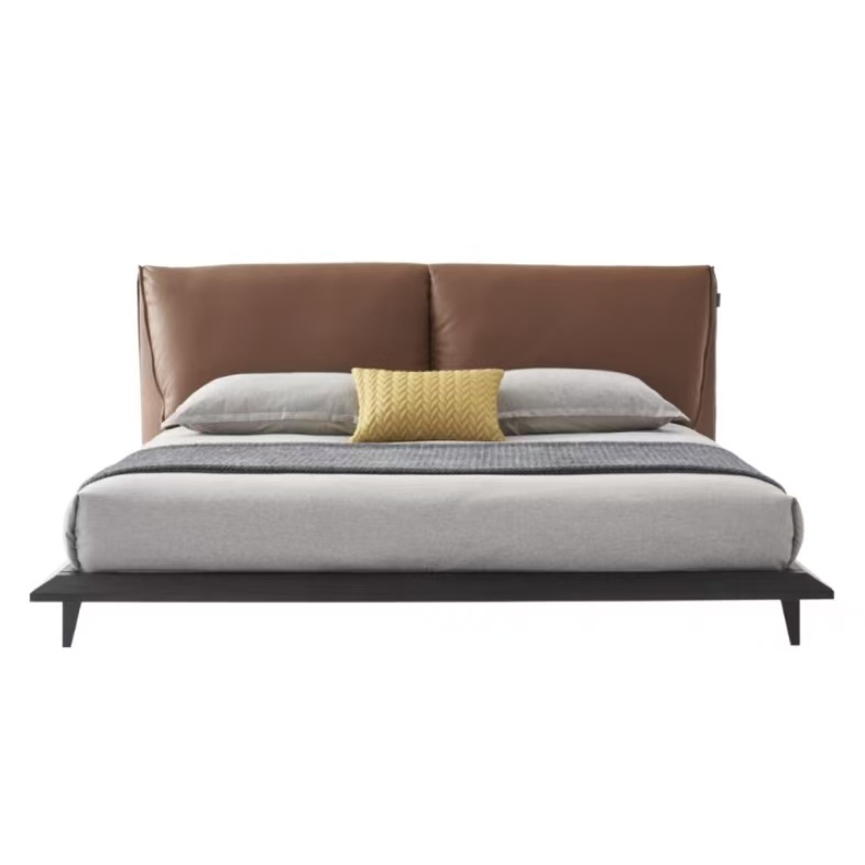 Brown soft pack double bed: gentle collision of gray bedding and warm toned backrest
